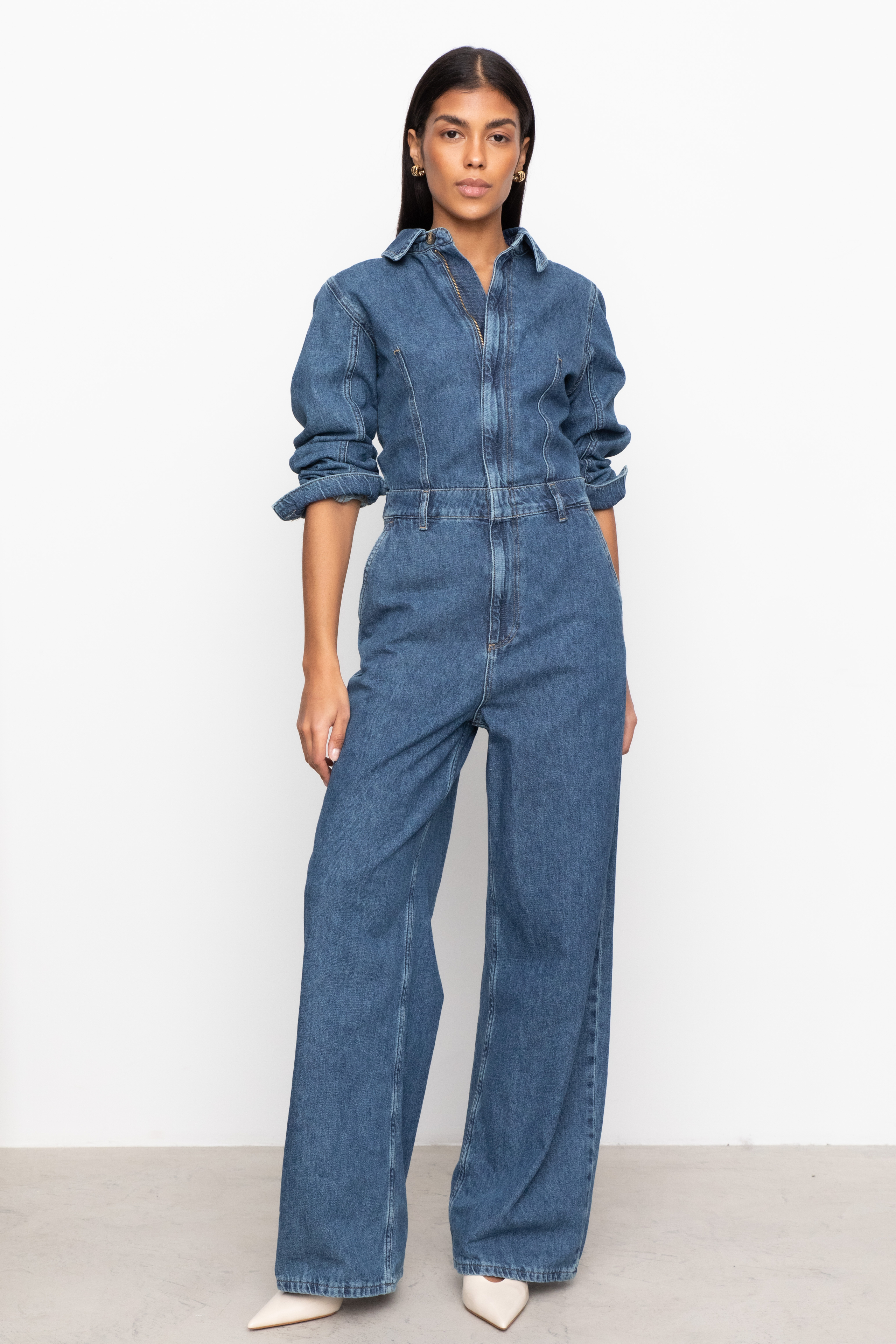 【SATIIIZ】Doel cut quilted denim jumper Farmer's Market Cutie Denim Jumpsuit - Medium Wash | Fashion